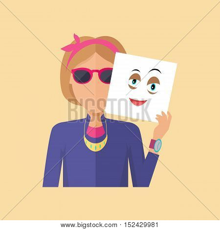 Young sexy girl in glasses with sheet of paper expressing emotion of hapiness. Person covers real feelings under artificial mask. Part of series of people in different emotional states. Vector