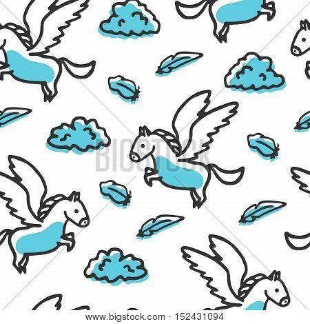 Seamless pattern with pegasus and clouds. Cute little cartoon mythical beast. Yellow griffin with clouds and feathers
