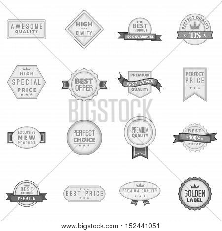Premium quality label icons set. Gray monochrome illustration of 16 premium quality label vector icons for web
