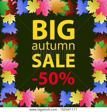 Big autumn sale design template poster. Fall promotional flyer. Autumn 50 percents off discount offer design with leaves.