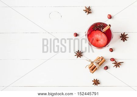Christmas drink. Traditional mulled wine with spices. Christmas composition. Flat lay top view