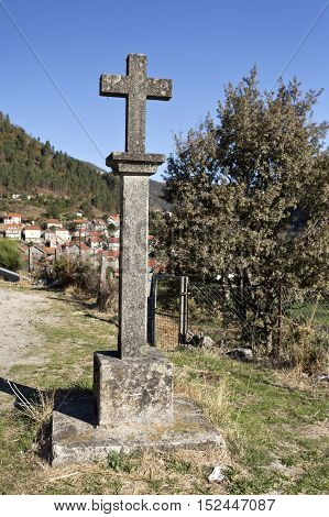 Stone cross symbol of faith of the people of Gavieira village in the Peneda Mountain North of Portugal