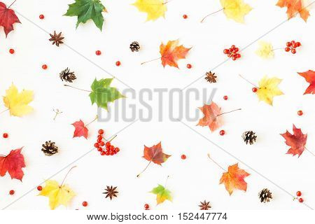 Autumn composition. Anise star pine cones and autumn leaves. Thanksgiving day. Flat lay top view