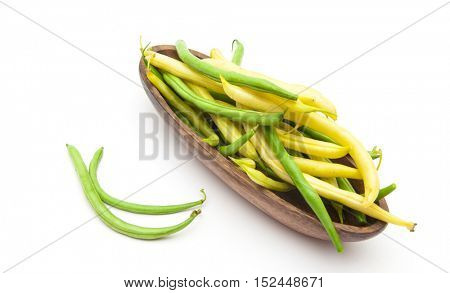 Harvest of asparagus siliculose yellow and green beans. Isolated on white  