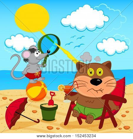 cat and mouse fool around with on beach - vector illustration, eps