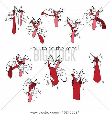 Vector illustration of Instructions, Scheme, Brochure for How to tie knot on white background. Hand drawn graphic design.