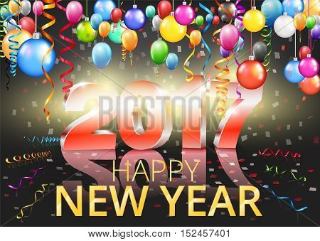 Happy New Year 2017 bright black greeting card with 3D glossy numbers and balloons. Vector template