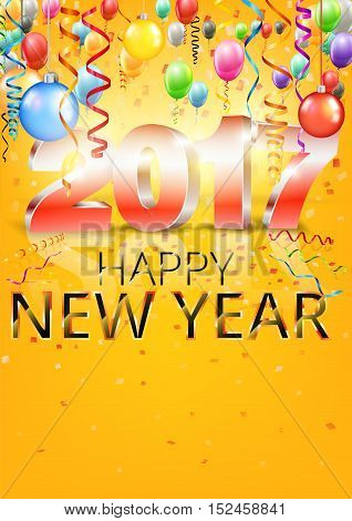 Happy New Year 2017 bright yellow greeting card with 3D glossy numbers and balloons. Vector template