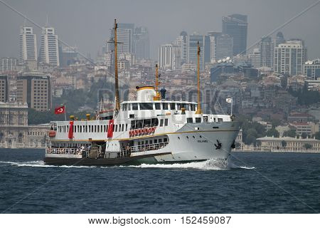 ISTANBUL TURKEY - JULY 30 2016: Sehir Hatlari ferry carry passengers between Asian and European sides of Istanbul. Sehir Hatlari was established in 1844 and now carry 150000 passengers a day.
