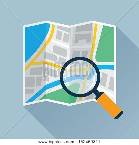 Magnifying glass over navigational map flat icon. Magnifier with handle zooming fragment of a folding paper map. Colored vector eps10 illustration.