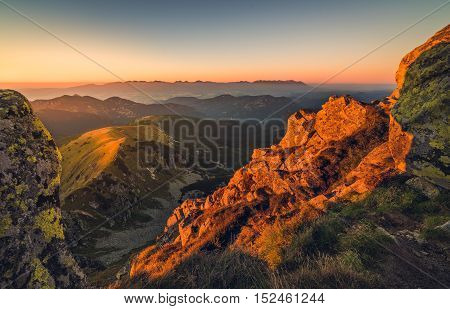 Mountain Landscape at Sunset. View from Mount Dumbier in Low Tatras Slovakia. High Tatras Mountains in Background.