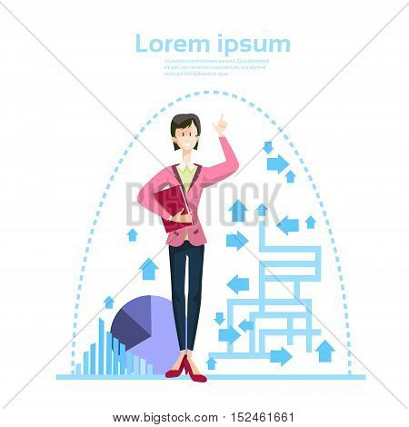 Business Woman Financial Graph Abstract Arrow Bar Diagram Background Flat Vector Illustration