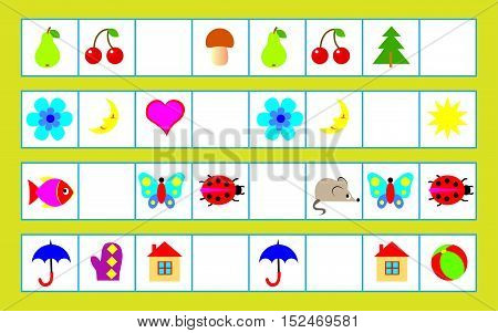 Logic puzzle for children - need to find regularity and draw the correct objects in empty squares. Vector image.
