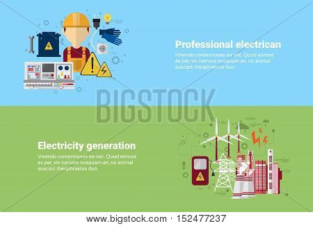Professional Electrican Electricity Generation Station Industry Web Banner Flat Vector illustration