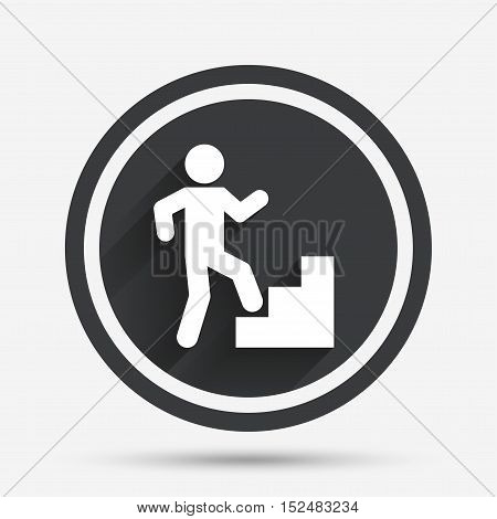 Upstairs icon. Human walking on ladder sign. Circle flat button with shadow and border. Vector