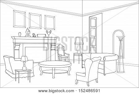 Interior outline sketch. Furniture blueprint. Architectural design. Living room in luxory antique style with fireplace