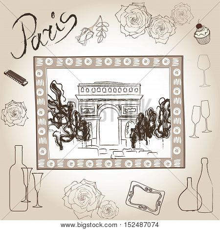 Paris landmark Engraving Poscard. Paris symbol hand drawn picture in frame with handwritten lettering and design elements set. Love Paris vintage frame.