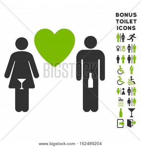 Drunky Love Pair icon and bonus male and woman lavatory symbols. Vector illustration style is flat iconic bicolor symbols, eco green and gray colors, white background.
