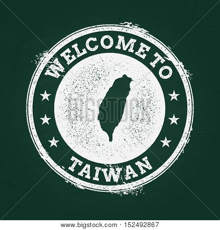 White Chalk Texture Retro Stamp With Taiwan Map On A Green Blackboard. Grunge Rubber Seal With Count
