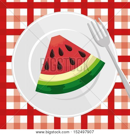 watermelon slice over plate with fork and checkered tablecloth vector illustration eps 10