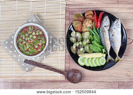 Thai local popular food as spicy shrimp paste dip ,