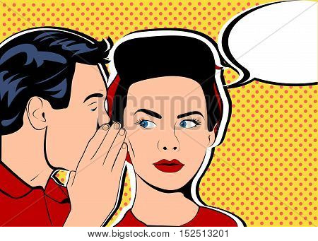 Pop art vintage comic. The man whispers to the girl. Cloud for the text. Retro style