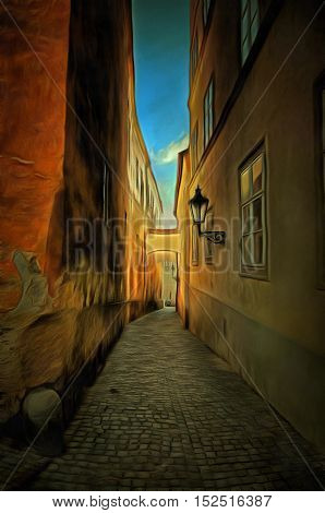 Prague alleyway - historical centre of the Prague. Typical street in the old town of Prague.