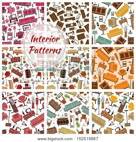 Home interior furniture and light fixture seamless patterns with set of chair, lamp, sofa, armchair, cabinet, desk, chest of drawers, shelf, couch, tv set on stand and vase