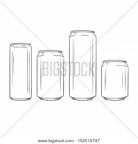 Vector sketch of iron can. Set of four items with different value. Hand drawn illustration