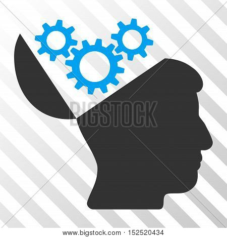 Blue And Gray Open Mind Gears toolbar icon. Vector pictogram style is a flat bicolor symbol on diagonal hatch transparent background.