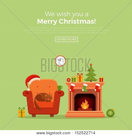 Christmas fireplace room interior in colorful cartoon flat style. Christmas tree, gifts, decoration, armchair, fireplace, santa heat. Cozy noel xmas night celebration interior vector illustration.