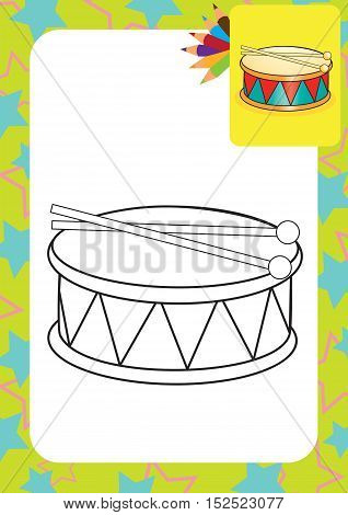 Coloring page. Drum and drumsticks. Vector illustration