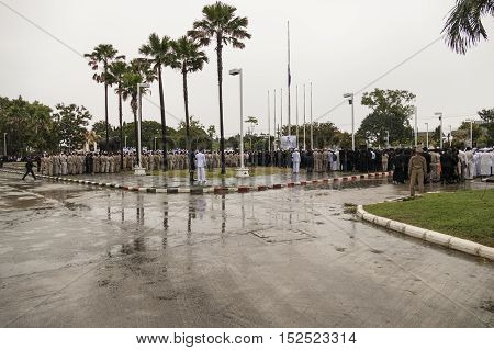 KRABI THAILAND - OCTOBER 19 2016: Krabi official pay respect to the deceased King Bhumibol Adulyadej at Krabi Provincial Hall on October 19 2016 in Krabi Thailand.
