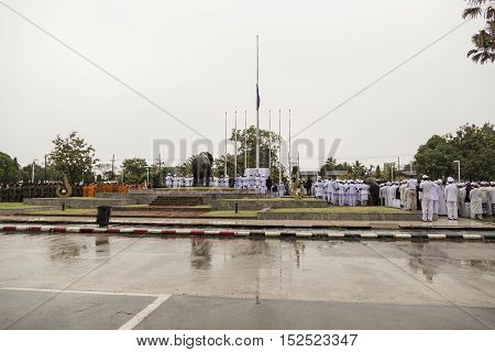 KRABI THAILAND - OCTOBER 19 2016: Krabi official pay respect to the deceased King Bhumibol Adulyadej at Krabi Provincial Hall on October 19 2016 in Krabi Thailand.