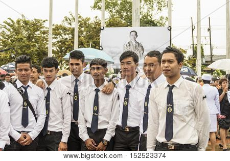 KRABI THAILAND - OCTOBER 19 2016: Krabi official pay respect to the deceased King Bhumibol Adulyadej at Krabi Provincial Hall on October 19 2016 in Krabi Thailand.