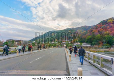 Blurred background.Togetsukyo Bridge in Arashiyama Kyoto Japan