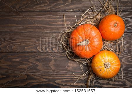 Autumn Pumpkin Thanksgiving Background - orange pumpkins over wooden table, top view