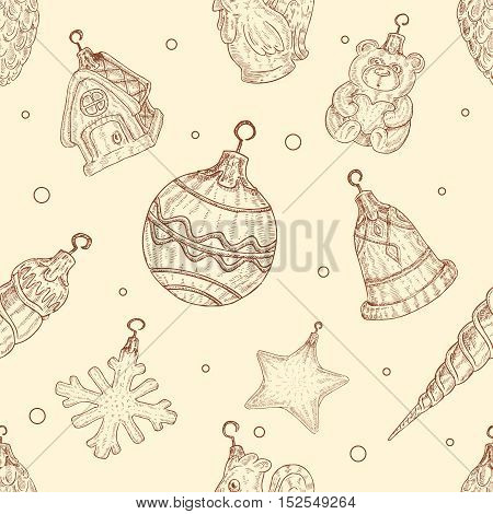 Christmas tree toys seamless patternin hand drawn style.