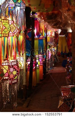 A view inside a streetside lantern shop during Diwali festival in India.