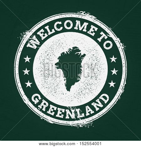 White Chalk Texture Retro Stamp With Greenland Map On A Green Blackboard. Grunge Rubber Seal With Co