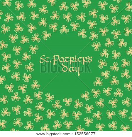 Cute background pattern circle border frame with many repeating golden contour clover leaves isolated on the green fond.Saint Patrick's day symbol. Space for invitations or different event greeting cards text. Vector illustration eps
