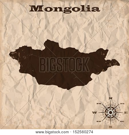 Mongolia old map with grunge and crumpled paper. Vector illustration