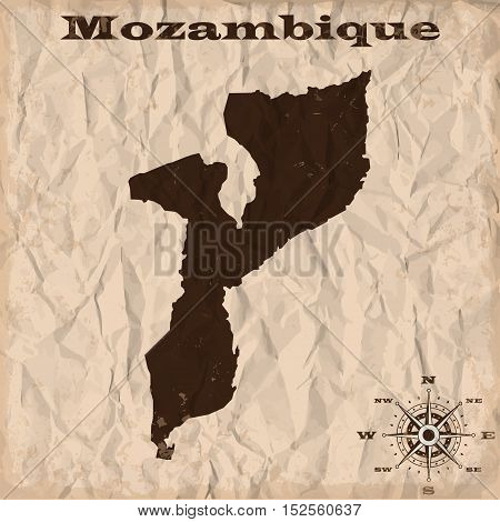 Mozambique old map with grunge and crumpled paper. Vector illustration