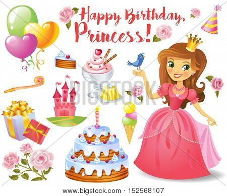 Cute birthday design elements for a party in style of the little princess