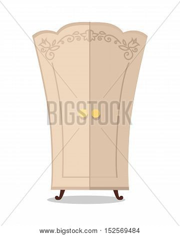 Wooden beige cupboard closeup. Classic wooden furniture with ornaments.