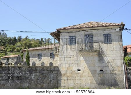 Stone building and traditional Galician granery in Hio a village of the province of Pontevedra Galicia Spain.