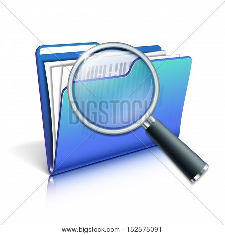 Search concept with Magnifying glass over the blue folder isolated on white background. Vector illustration