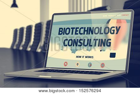 Mobile Computer Screen with Biotechnology Consulting Concept on Landing Page. Closeup View. Modern Conference Room Background. Toned Image. Blurred Background. 3D.