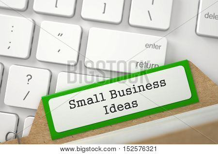 Small Business Ideas Concept. Word on Green Folder Register of Card Index. Close Up View. Selective Focus. 3D Rendering.