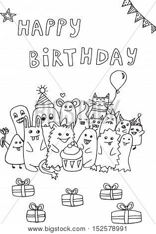 Happy birthday, doodle funny monsters and gifts.